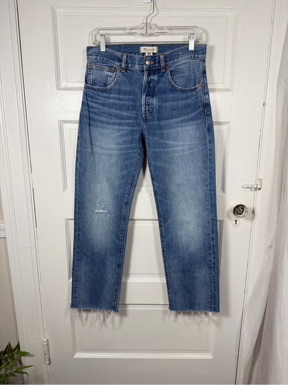 Madewell The Dean Easy Straight Leg Jeans Faded Whiskered Distressed Button Fly
